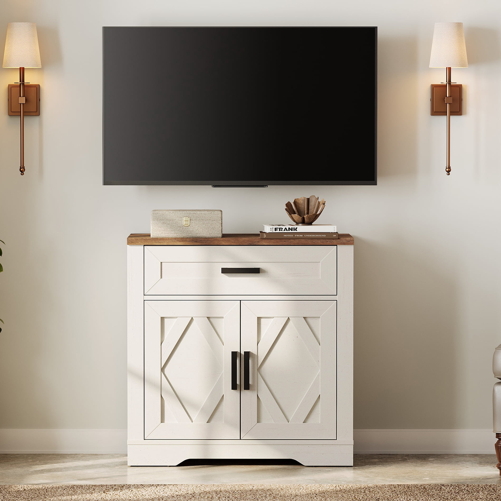 WAMPAT 31.5"W Farmhouse Buffet Sideboard with Barn Doors, Drawer & Storage, White