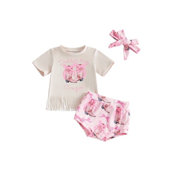 BemeyourBBs Weatern Baby Girls Clothes Newborn Baby Girl Cowgirl Outfit Boots Hat Print Short Sleeve Tassele T-shirt with Shorts Set Headband Cute Infant Baby Girl Summer Outfit