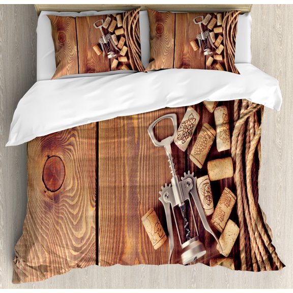 Ambesonne Rustic Duvet Cover Set, Wooden Table Wine Corks, Calking, Brown