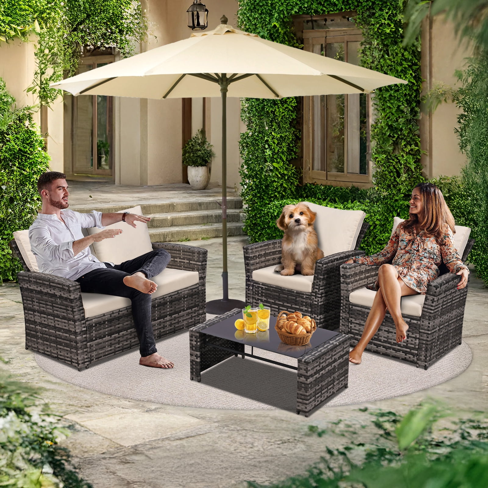 4 Piece Outdoor Patio Furniture Set,Wicker Conversation Sets Outdoor Sectional Patio Sofa Couch with Cushions & Coffee Table for Outside, Garden, Balcony, Porch,(Grey/Beige)