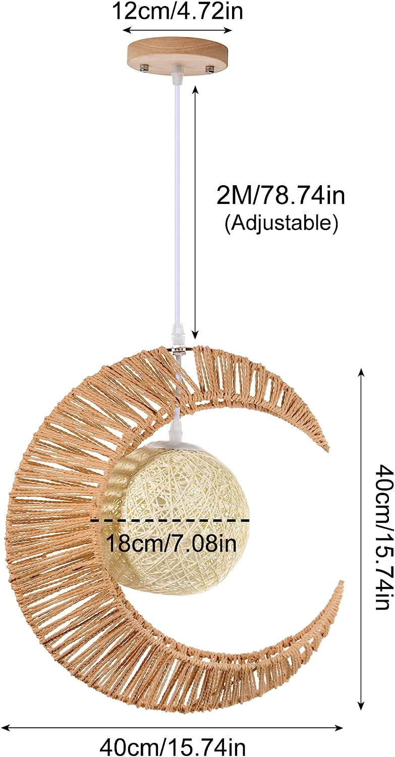 Arturesthome Modern Moon Shape Pendant Lamp Hand Woven Chandelier Ceiling Light Wicker Pendant Lights Fixture for Child Bedroom Home Decor