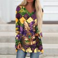 thumbnail image 2 of Mardi Gras Shirts Womens Glitter Carnival V Neck Tunic Tops Mask Print Long Sleeve Gold Graphic Tee Dark Green M, 2 of 5