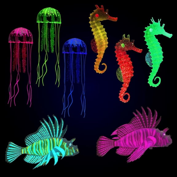 BPPEG 8 Pcs Glow in The Dark Fish Tank Decorations Silicone Floating Artificial Jellyfish Fluorescent Lionfish Seahorse for Aquarium Decoration Small Large Fish Bowl Decor Accessories