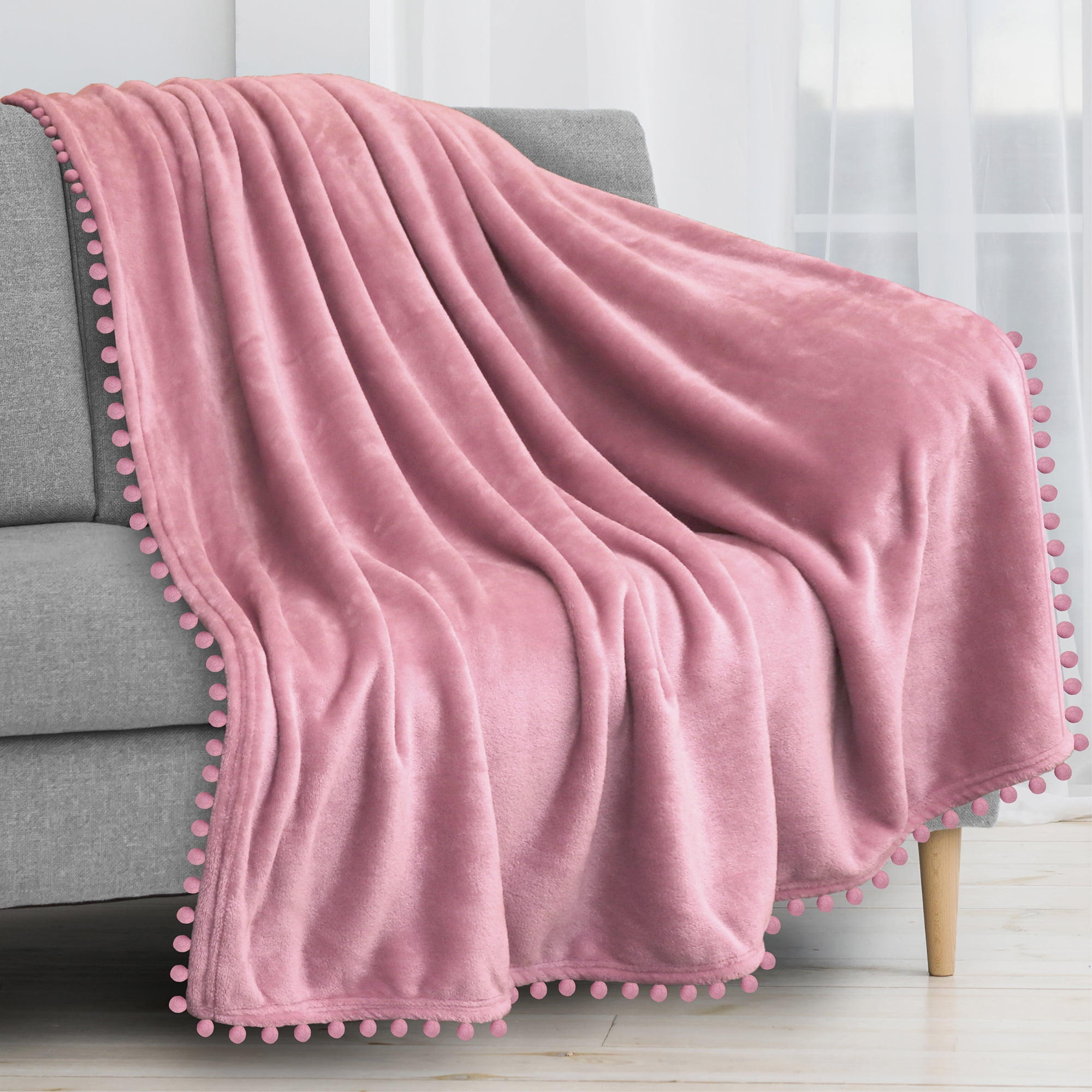 PAVILIA Pom Pom Blanket Throw Twin, Blush Light Pink | Soft Fleece