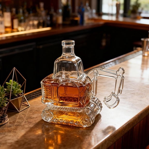 Upgraded Excavator-Shaped Whiskey Wine Bottle 300ML Whiskey Decanter Bottle Hand Carved Clear Empty Wine Carafe Liquor Storage Glass Decanter Home Bar Office Gifts C