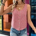 thumbnail image 2 of IYYVV Gingham Tops for Women Spring Summer Cotton Sleeveless Tank Top Casual Beach Cute Plaid Button Down Shirts Blouses Red M, 2 of 7