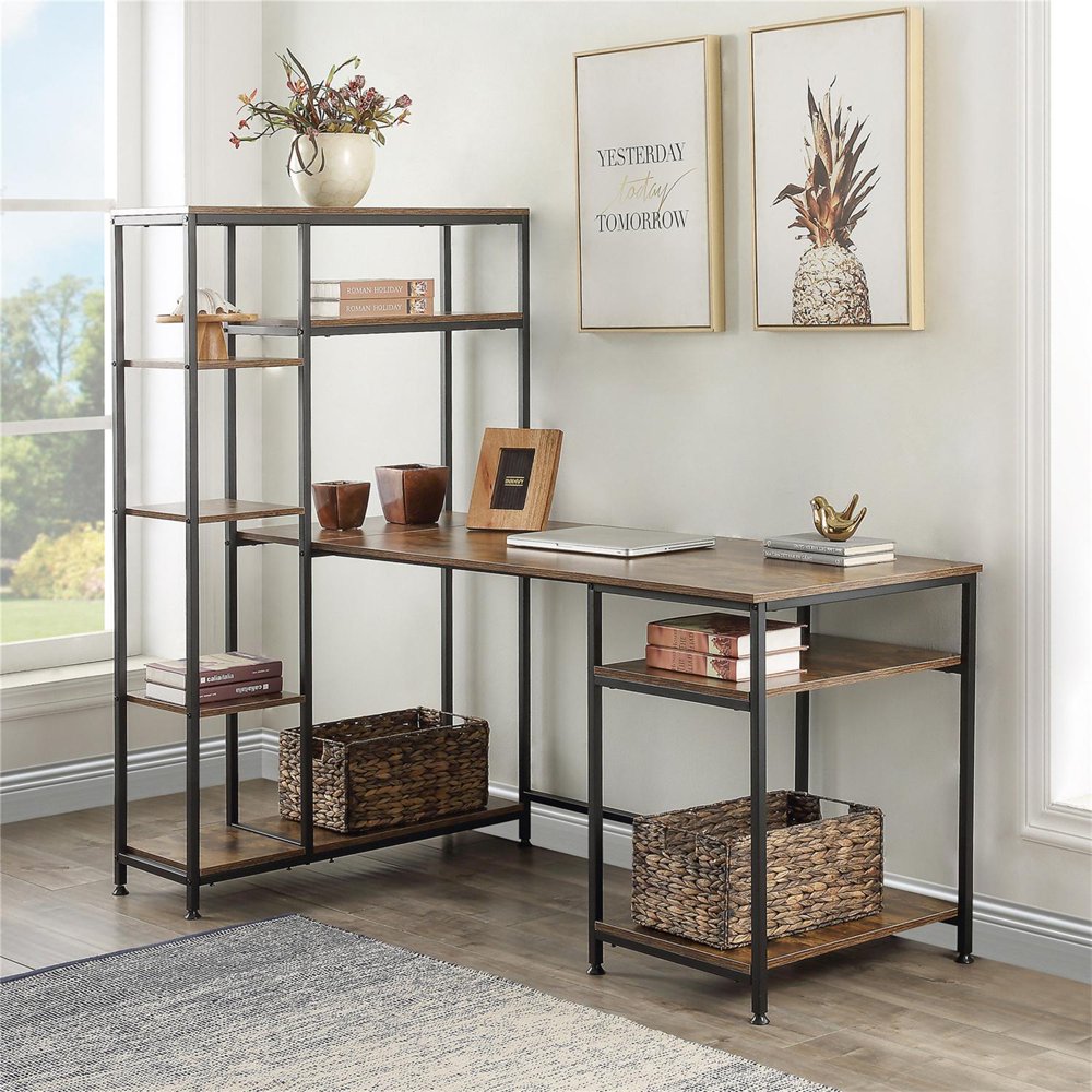 Wood Desk with Bookshelf and Storage, Modern Industrial Office Desk