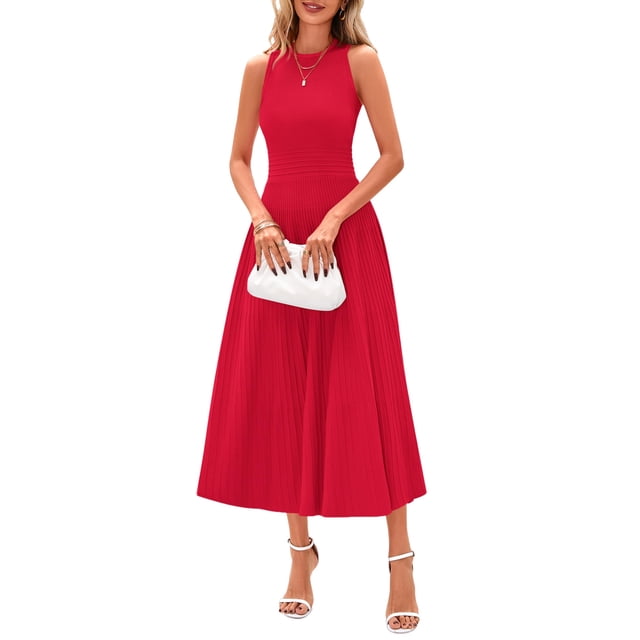 Vestido PRETTYGARDEN Midi Plisado Sin Mangas Línea A Rojo XL