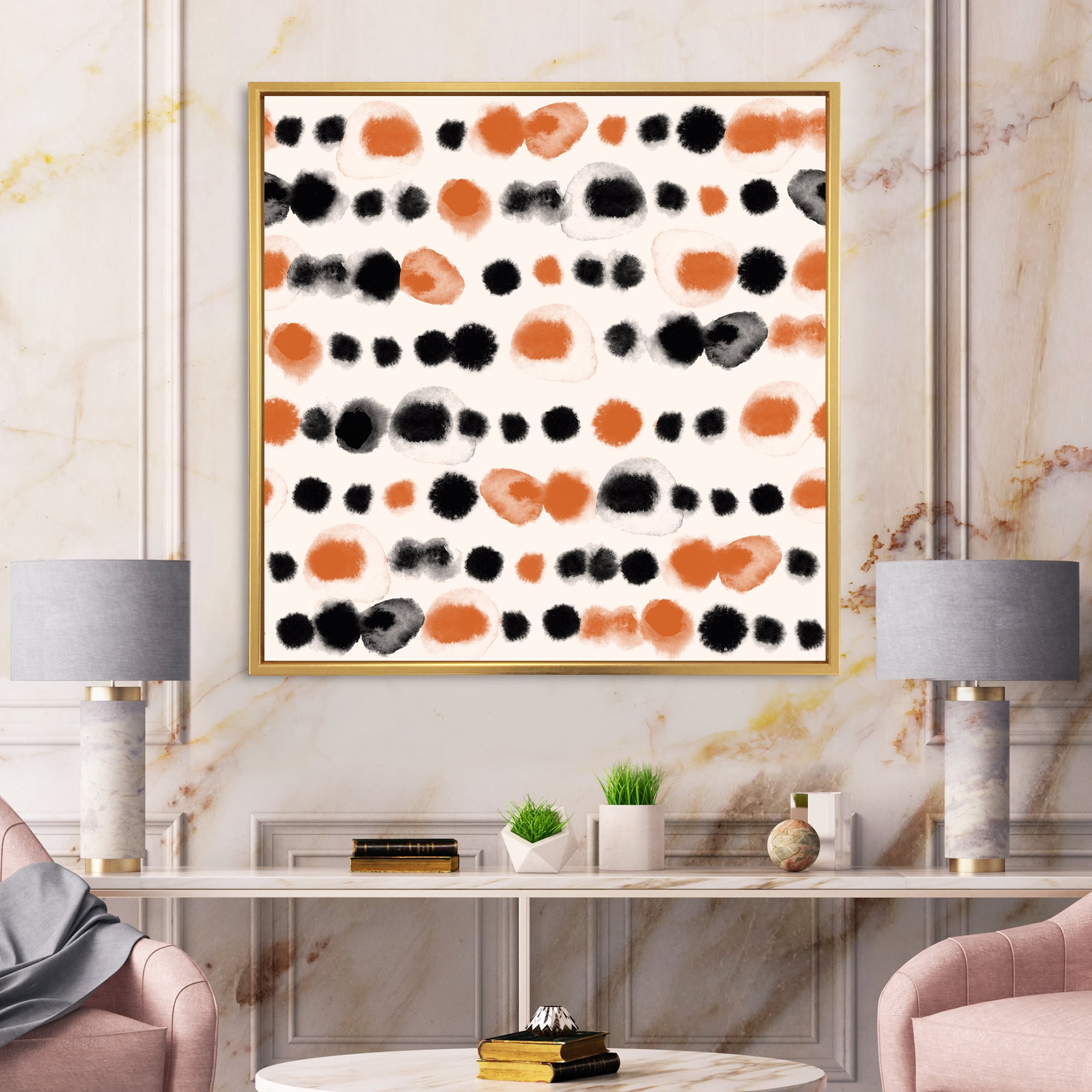 Designart 'Orange and Black Polka Dots' Modern Framed Canvas Wall Art Print