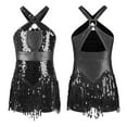 thumbnail image 5 of dPois Girls Halter Neck Sequin Tassel Latin Dance Dress Fringed Bodysuit Salsa Rumba Jazz Ballroom Black 14, 5 of 6