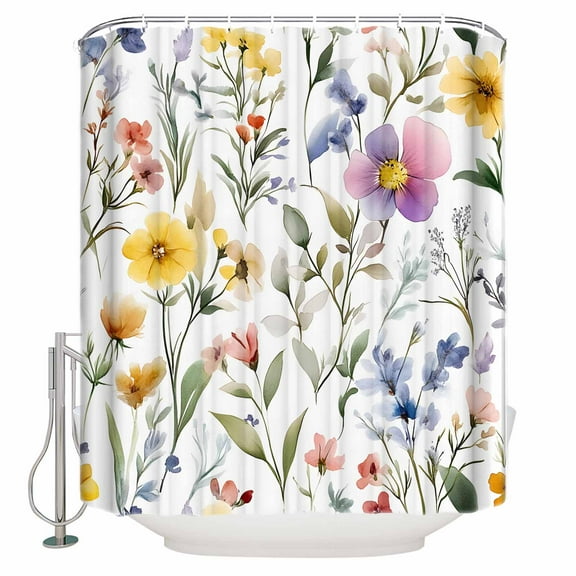 Extra Long Shower Curtain 72x96 Inch, Spring Floral Shower Curtain Waterproof Bathroom Decor Gradient Boho Watercolor Botanical Plant Fabric Bath Curtain Set Accessories with Hooks