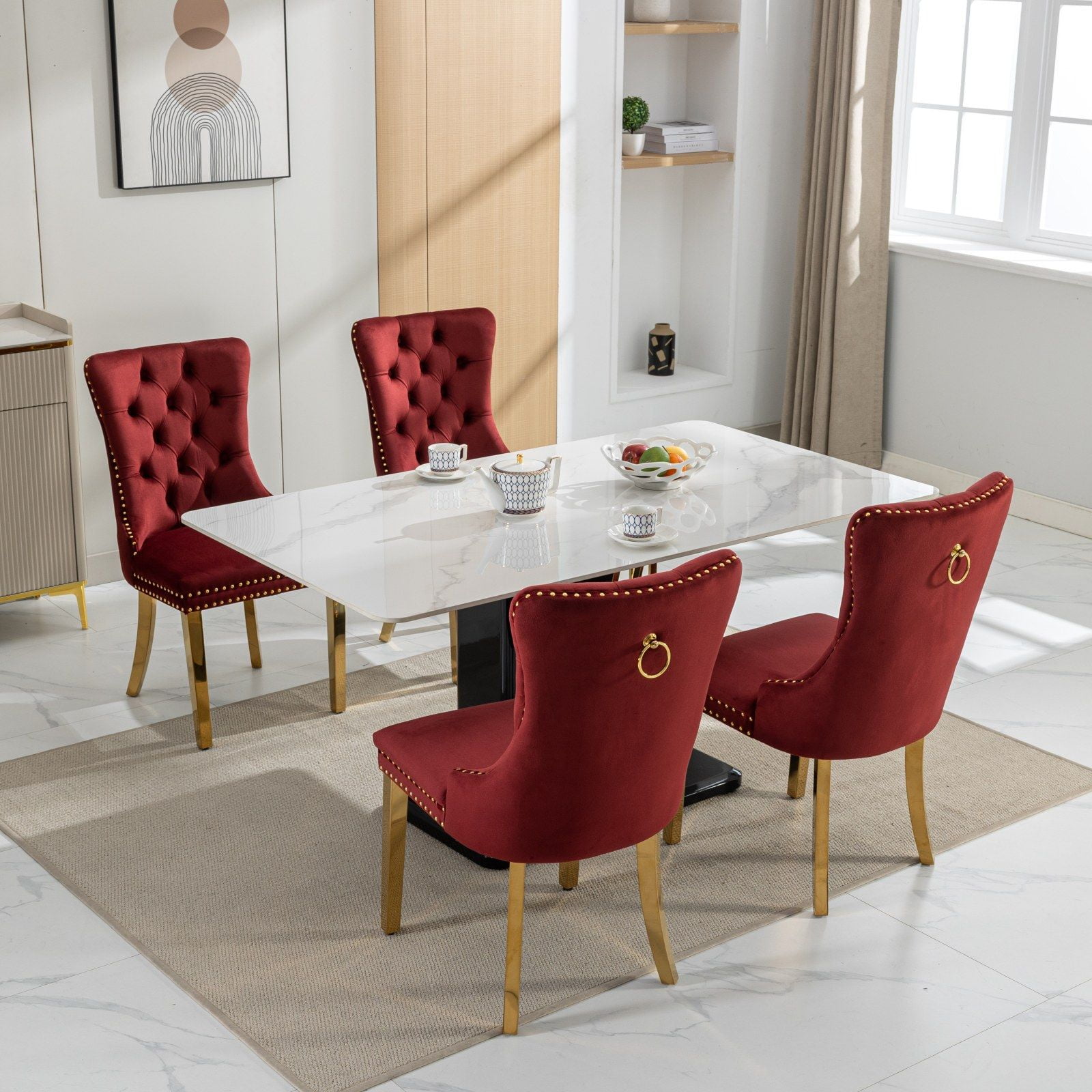 Dining Room Chairs with Velvet Fabric Dining Chairs with Golden Stainless Steel Plating Legs, Backrest and Button Velvet Fabric DesignLuxury Home Furniture for Dining Room(Burgundy Set of 4)