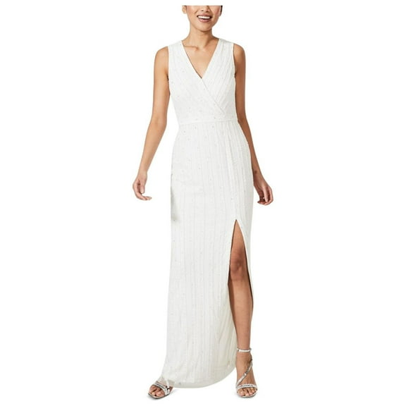 ADRIANNA PAPELL Womens White Slitted Zippered Lined Striped Sleeveless Surplice Neckline Full-Length Party Sheath Dress 2