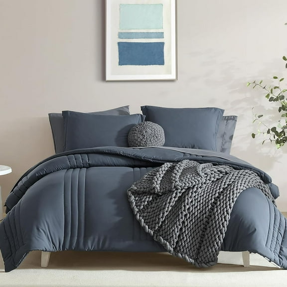 Queen Comforter Set - 7 Pieces Blue Gray Bed in a Bag Queen Bedding Sets with Comforters, All Seasons Down Alternative Comforter Bed Set with Sheets,Pillowcases & Shams