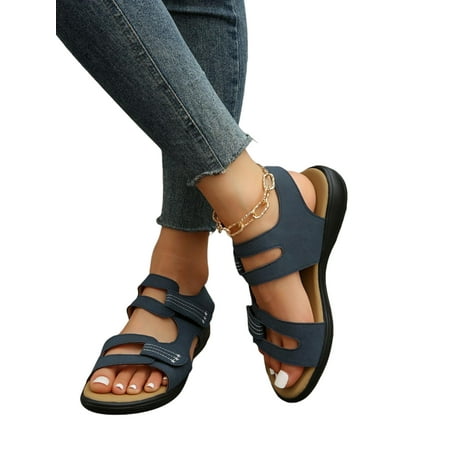 

Woobling Women Walking Sandal Wedge Flat Sandals Magic Tape Casual Shoes Ladies Summer Shoe Cutout Flats Two Band Leopard Print Dark Blue 5.5