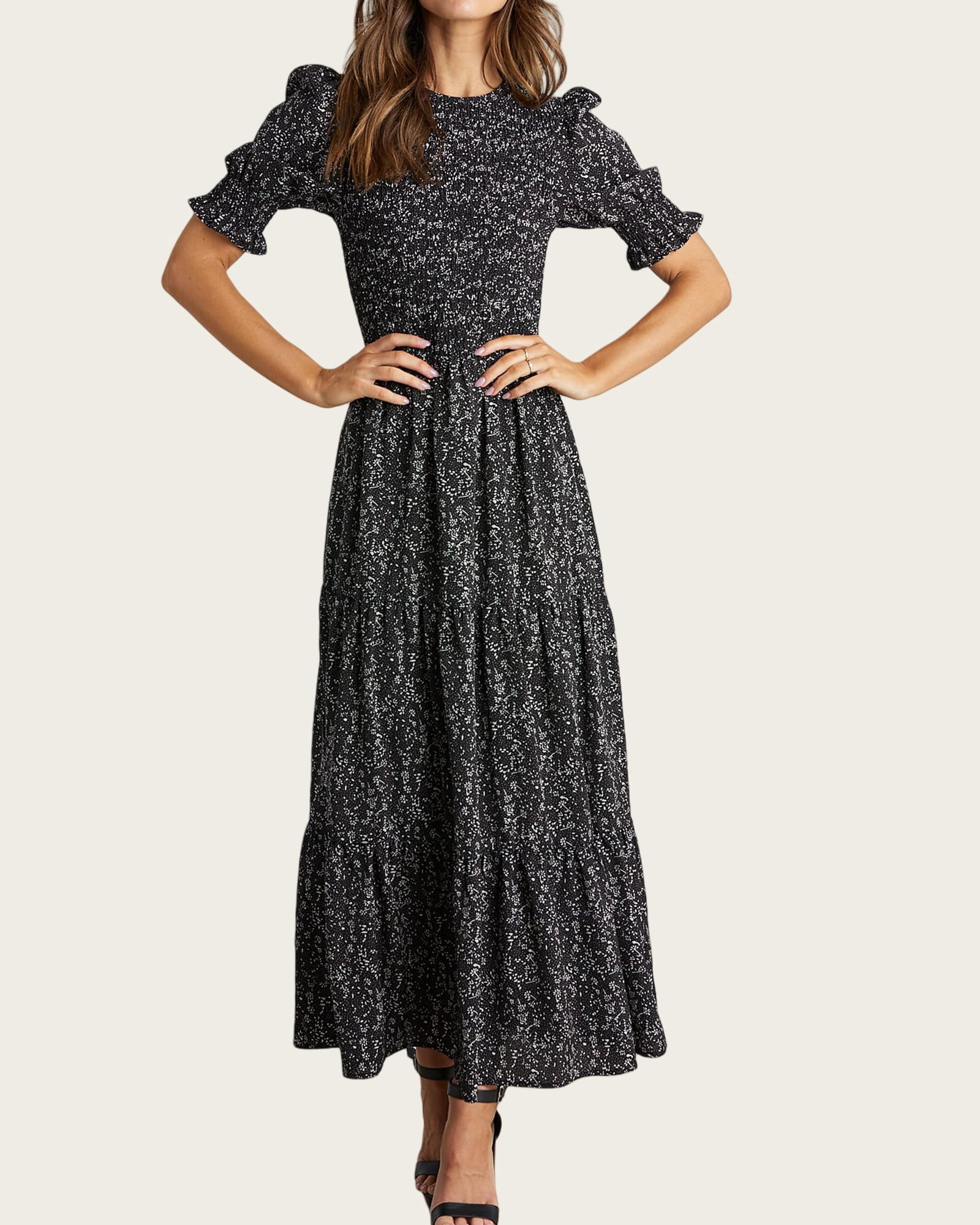 FreshPretty Women Casual Summer Dresses Spring Crew Neck Ruffle Short Sleeve Floral Print Smocked Boho Flowy Maxi Dress