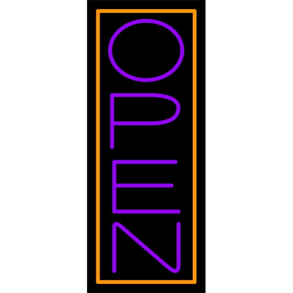 Purple Open With Orange Border Vertical LED Neon Sign 13 x 32 - inches, Clear Edge Cut Acrylic Backing, with Dimmer - Bright and Premium built indoor LED Neon Sign for storefront.