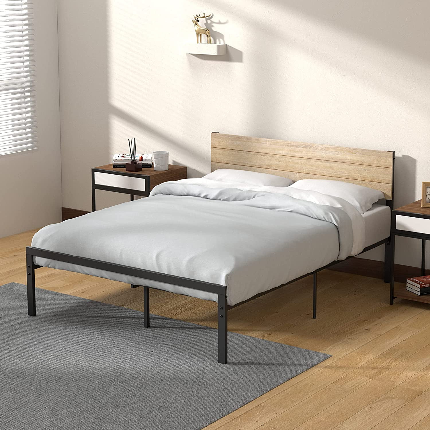 Metal Platform Bed Frame Queen with Storage Headboard Easy Assembly 