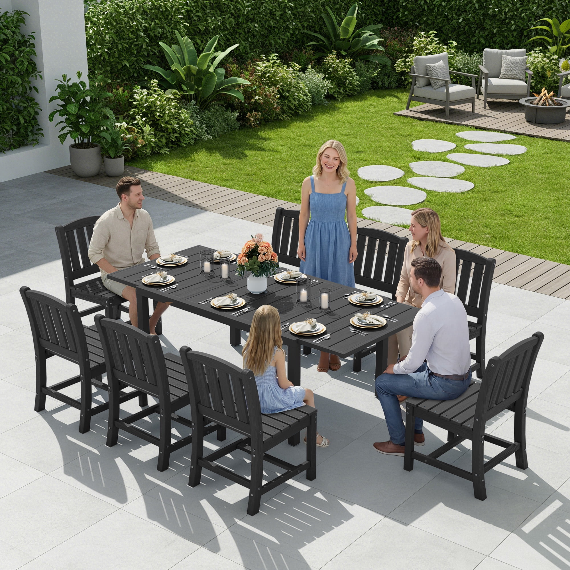 SERWALL 9-Piece Outdoor Dining Set with Expandable Patio Dining Table and 8 Chairs, 60–83 Inch All-Weather HDPE Patio Furniture Sets for Backyard, Garden, Deck, Poolside - Black