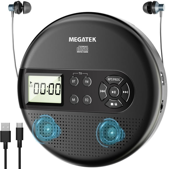MEGATEK Portable CD Player with Dual Stereo Speakers and 60 Seconds Anti Skip, Personal Walkman CD Player for Car with Headphones, USB Port, Bluetooth and FM Transmitter, 2000mAh