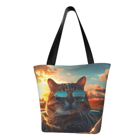 Goofa Cool Cat Driving Sunset Pattern Tote Bags,Large Capacity Bag,Beach Tote with Zipper Closure, Large Capacity and Foam Padding
