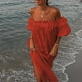 thumbnail image 2 of XVJRHAK Trendy Dresses for Women 2024 Women off Shoulder Ruffle Puff Sleeve Midi Dress Boho Ruffled Flowy A Line Long Dres Smocked Side Split Maxi Dress Mid-Length(Red,XL), 2 of 4