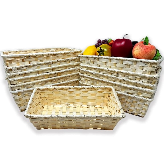 12 Pack Handmade Handwoven Slim Rectangular Bamboo Baskets – 12” x 6” Multipurpose Storage, Bread, Fruit & Gift Baskets for Home, Pantry, Decorative Display – Bulk Supply Set