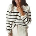 thumbnail image 1 of Top de punto para mujer, cuello redondo, suave, suelto, manga larga, estilo a rayas, diseño de botones, suéter para mujer para viajes de oficina a casa, blanco S, 1 of 6