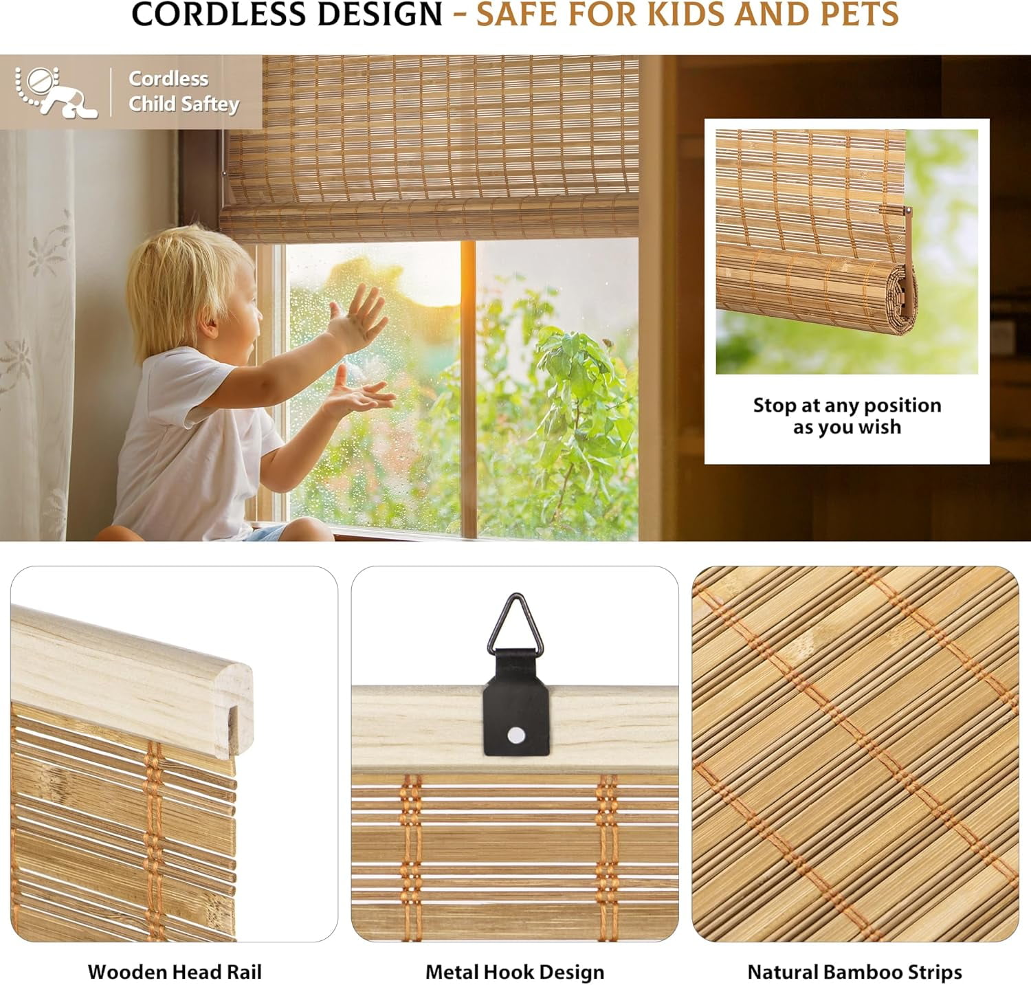 LazBlinds Cordless Bamboo Blinds, Bamboo Roll Up Shades for Windows, Light Filtering Hanging Window Blinds, Bamboo Shades for Patio Indoor/Outdoor Porch, 42'' W x 72'' H, Squirrel