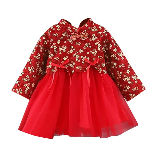 LUOGENLI Robe Tout-Petits Enfants Bébés Filles Enfants Robes de Fée pour le Nouvel An Chinois Robes de Princesse Broderie Costume Tang Performance Jupe Maxi Ensembles Filles Tenue 2 Pcs Plage Rouge 6-7 Ans