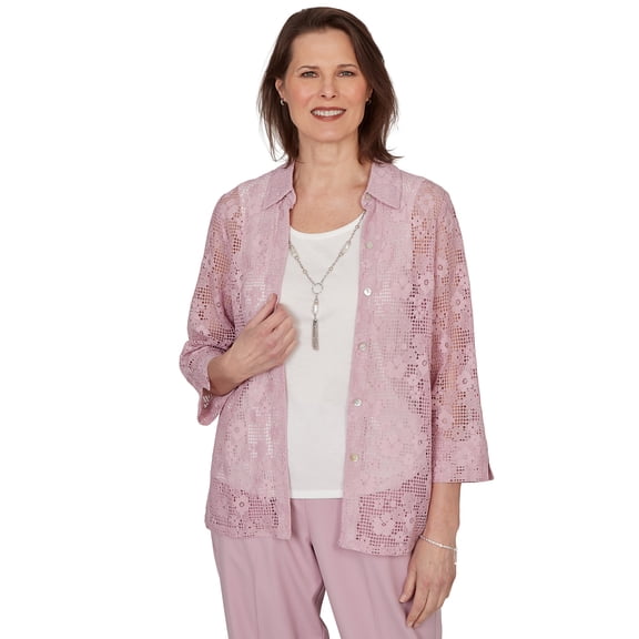Alfred Dunner Womens Petite Floral Lace Two In One Top With Necklace