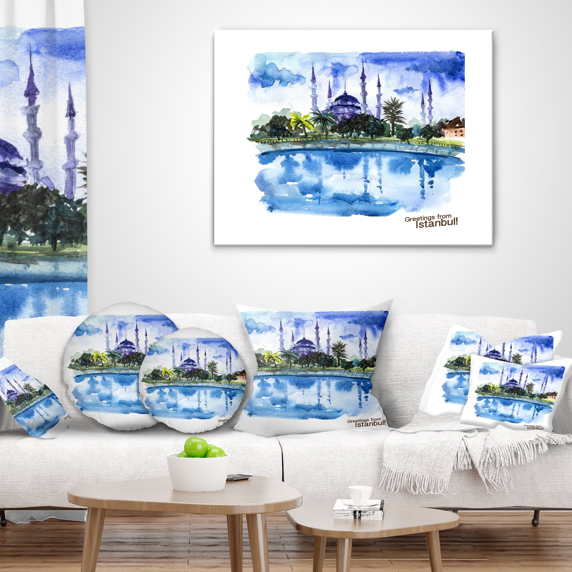 Designart Istanbul Hand drawn Illustration - Cityscape Painting Throw Pillow - 16x16