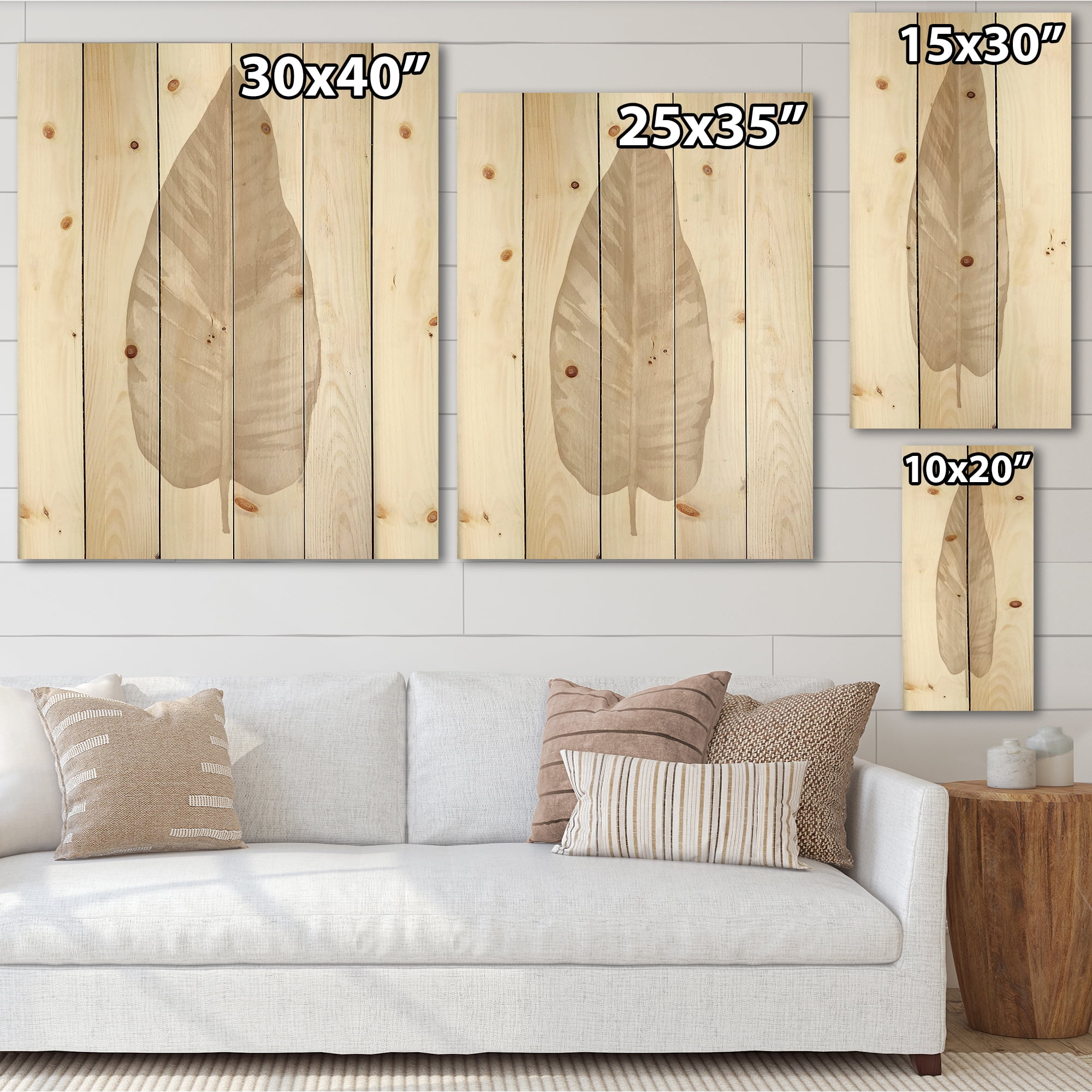 Designart 'Dried Leaf Plant Beige On White Background' Traditional Print on Natural Pine Wood