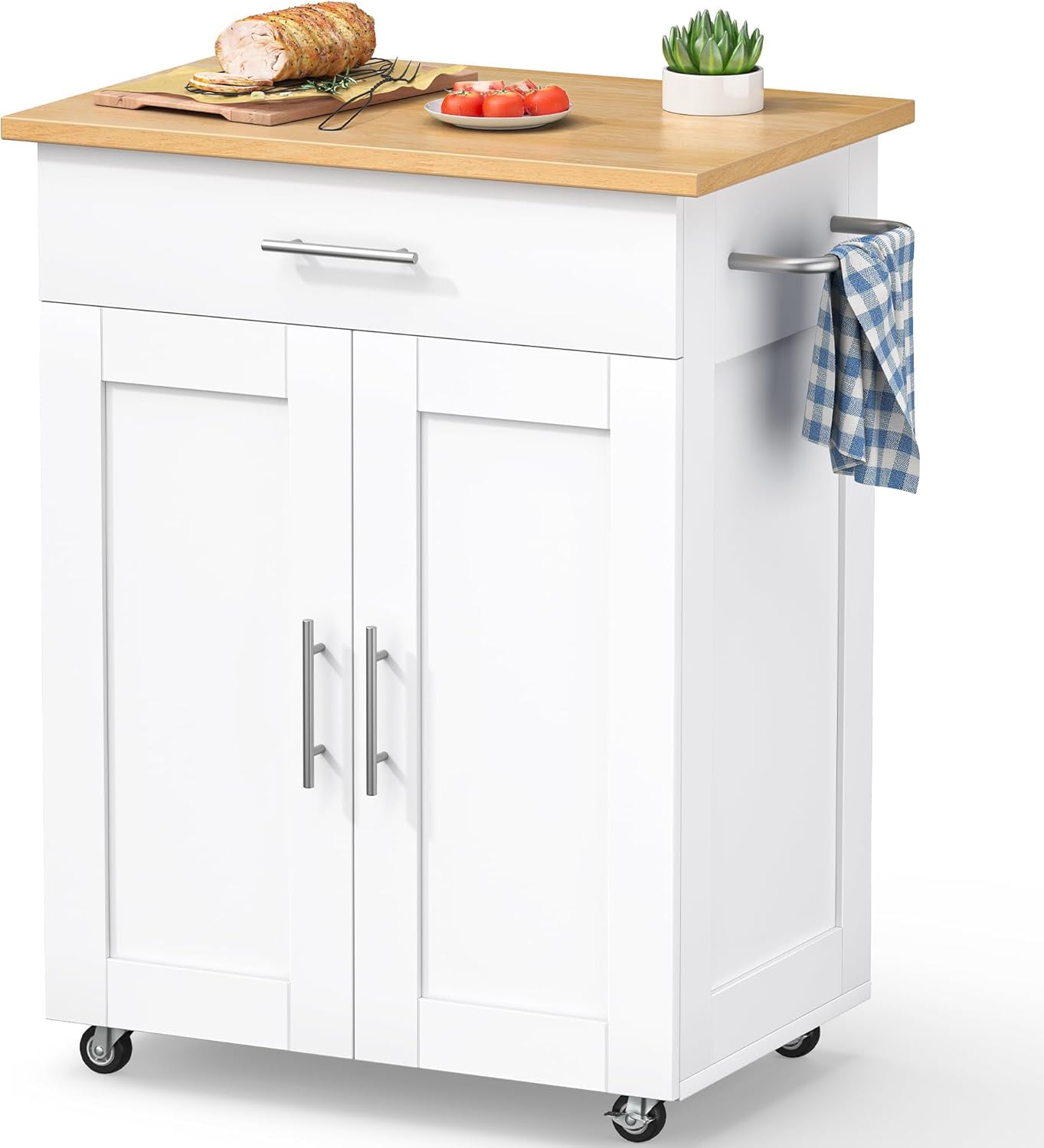 SELOOYE Kitchen Island Cart with Storage, Rolling Side Table, Large Worktop, Cabinet, Towel Rack, Drawers