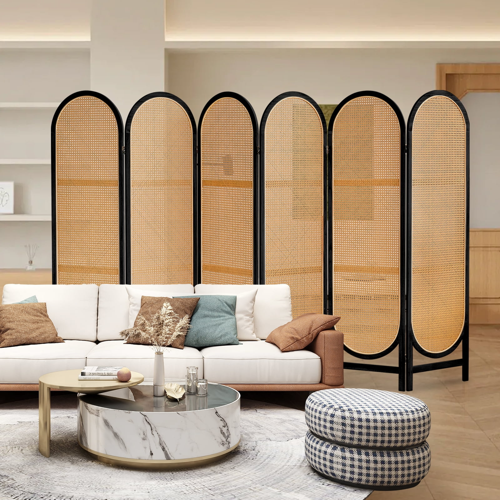 ALeesing 6 Panels Wood Rattan Room Divider, Folding Privacy Screens, No Installation, Light Brown