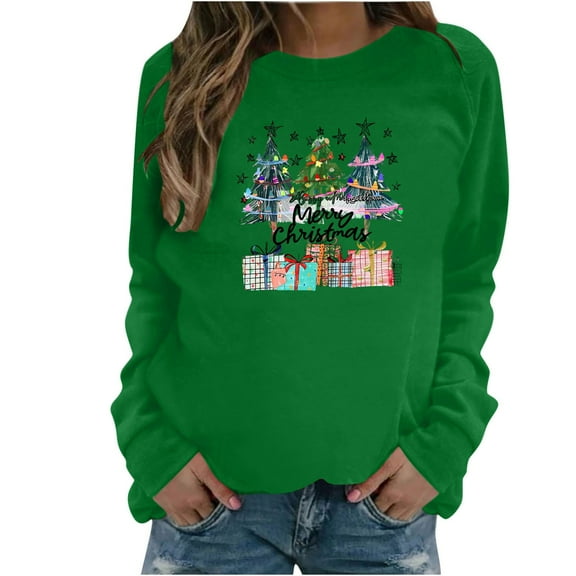 Women Christmas Fashion Casual Print Round Neck Loose Long Capless Sweatshirt Sleeve