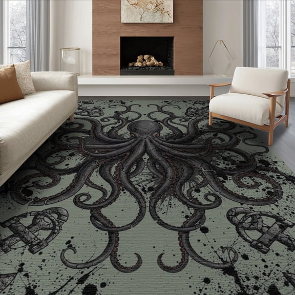 ODIKA 8'x10' Washable Area Rug Rum Horror Stormy Cephalopod Tentacle Weathered Maritime Doormat for King Size Bedroom Under Bed, Master Suite, Non-Shedding, Easy Care