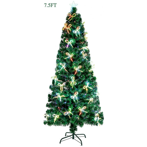 7.5FT Artificial Pencil Christmas Trees with Lights,  Pre-Lit Xmas Trees with Bow Shape Color Changing Led, Lighted Green Christmas Trees 300 Branch Tips