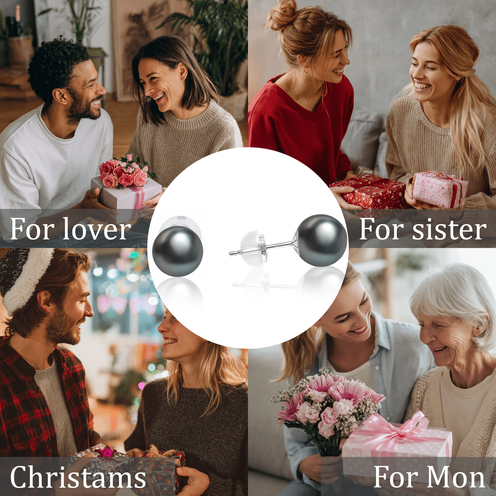 BAMIKI 7.5-8mm Handpicked Tahitian Black Pearl Earrings 925 Sterling Silver Studs Valentine's Day Gift for Women