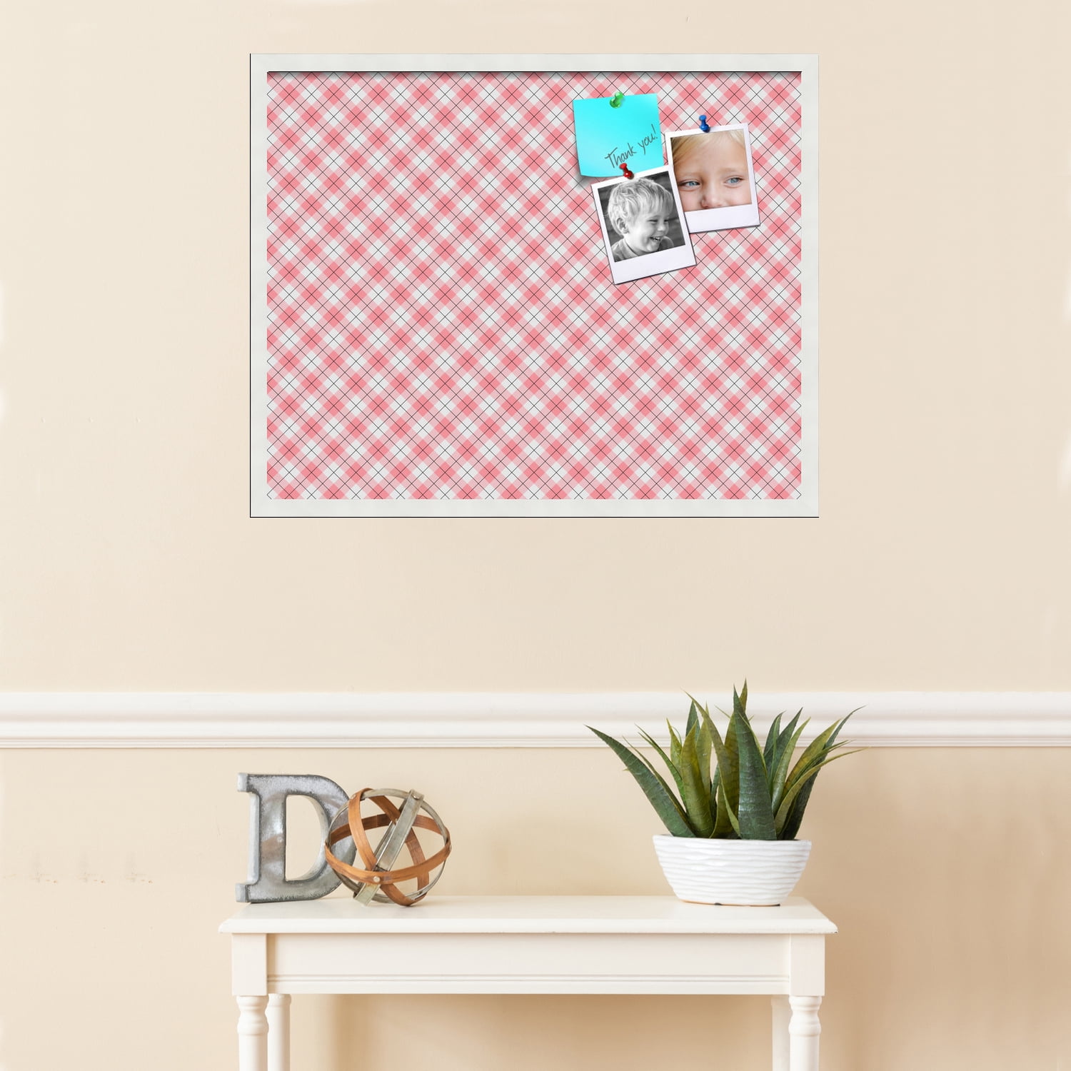 PinPix ArtToFrames 28x22 Custom Cork Bulletin Board Argyle Light Pink   Poster Board Has a Fabric Style Canvas Finish, Framed in Satin White Frame (PinPix-649)