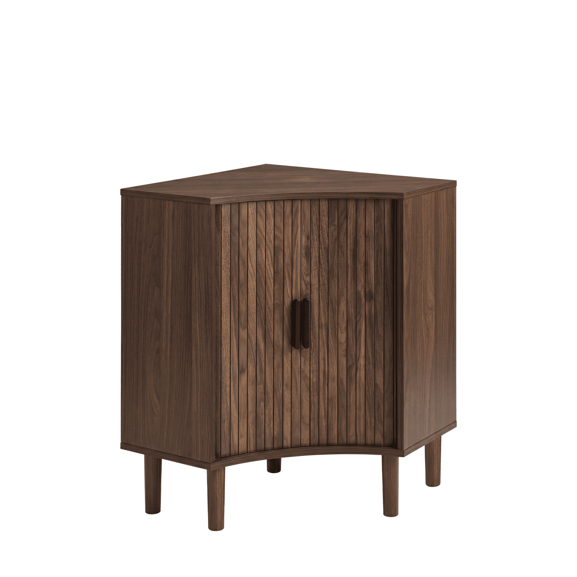 Leumius Fluted Corner Cabinet, Small Corner Floor Cabinet with Sliding Doors and Adjustable Shelves, Modern Wooden Freestanding Narrow Storage Cabinet for Living Room,Dining Room,Bathroom, Walnut