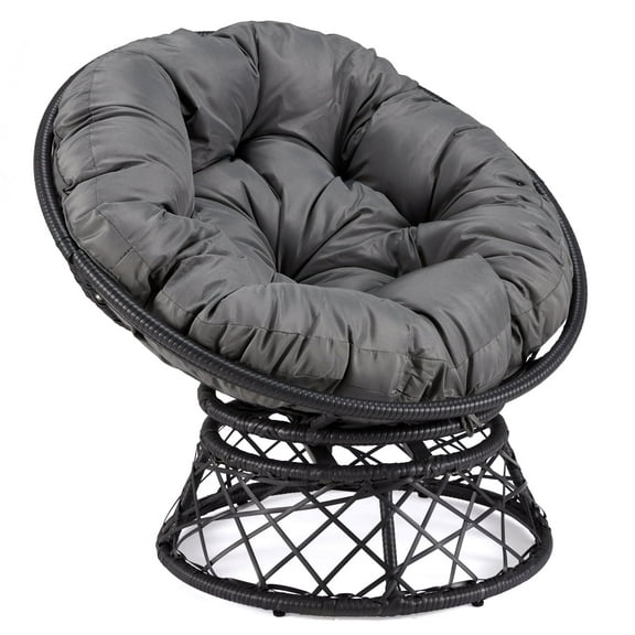 LOGYAT Wicker Papasan Circle Chair, 360° Swivel Chair, 37" Living Room Chair, Indoor Outdoor Rattan Chair with Thick Cushion, Ideal for Teenagers,Black Rattan with Dark Grey Cushion