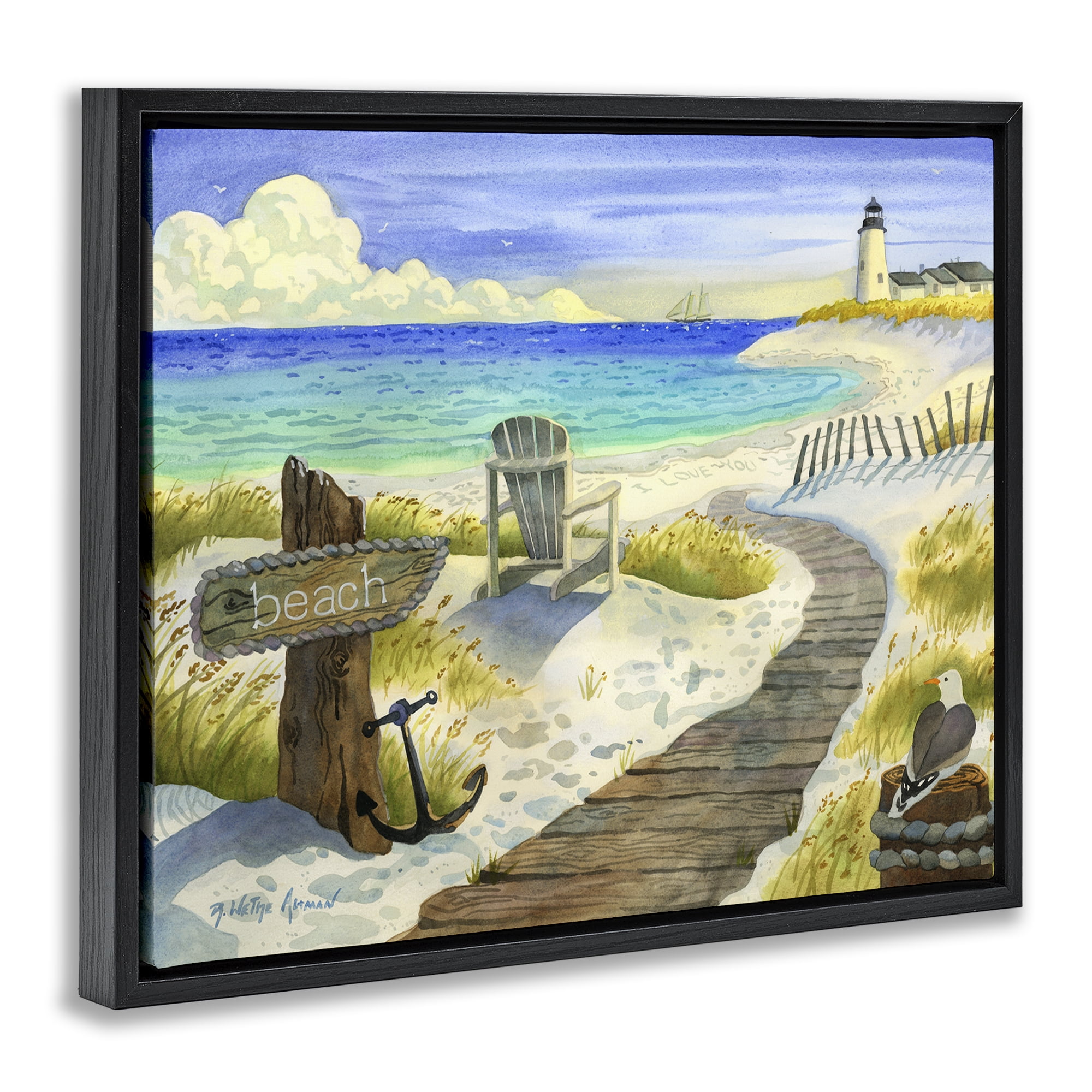 Stupell Industries Boardwalk To The Lighthouse Black Framed Floater Canvas Wall Art, design by Robin Altman