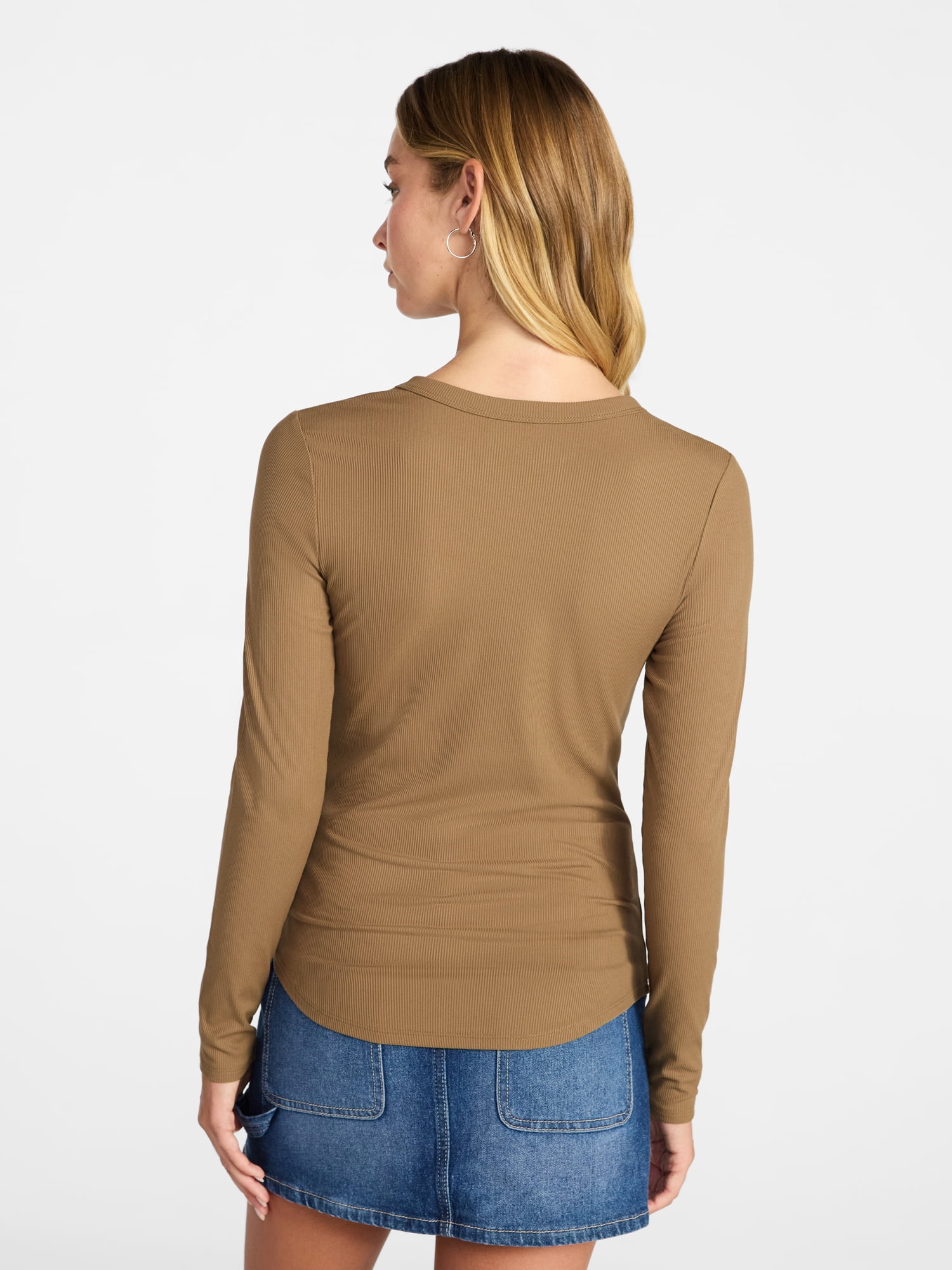 No Boundaries Crew Ribbed Tee with Long Sleeves, Women's XXS-XXL