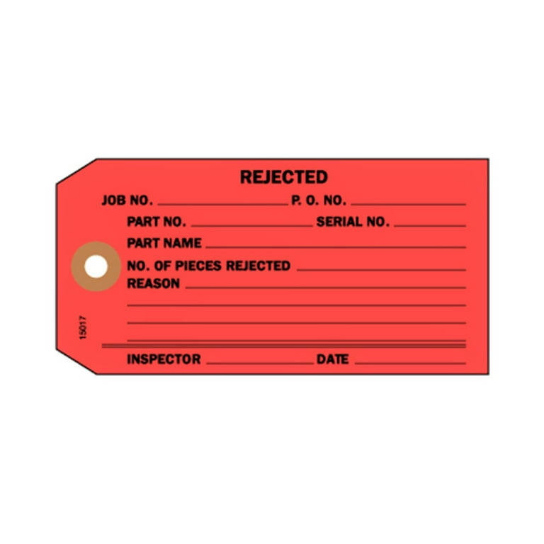 Linco Rejected Inspection Tags, (no.5) 4-3/4 inch x 2-3/8 inch, Red Card Stock W Reinforced Fiber Hole Patch - Pack of 50 Tags, Women's, Size: One