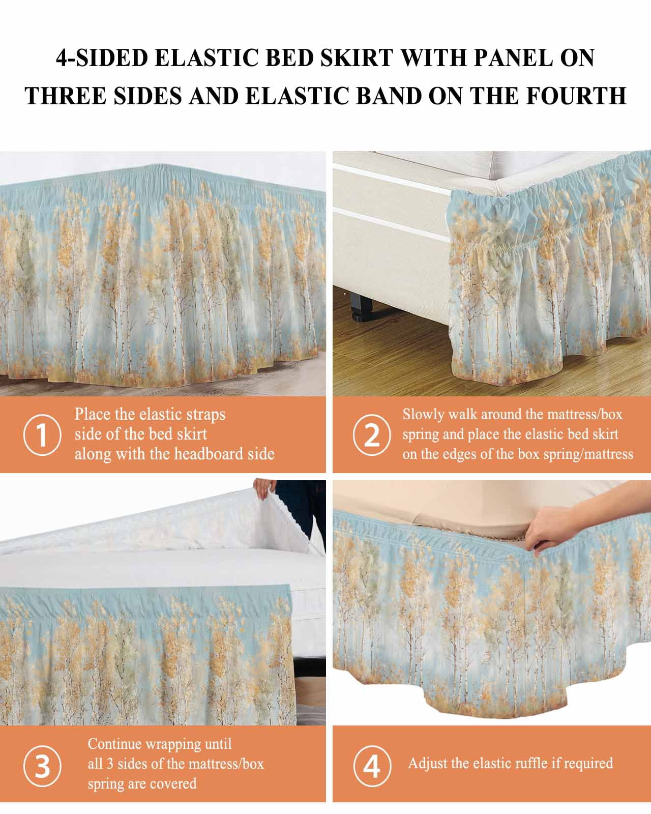 Orange Blue Vintage Wrap Around Bed Skirts for Queen Bed 16" Drop,Bed Skirt with Adjustable Elastic Belt Dust Ruffle Bed Valance for Bedroom Hotel Modern Abstract Art Oil Paiting Bed Frame Cover