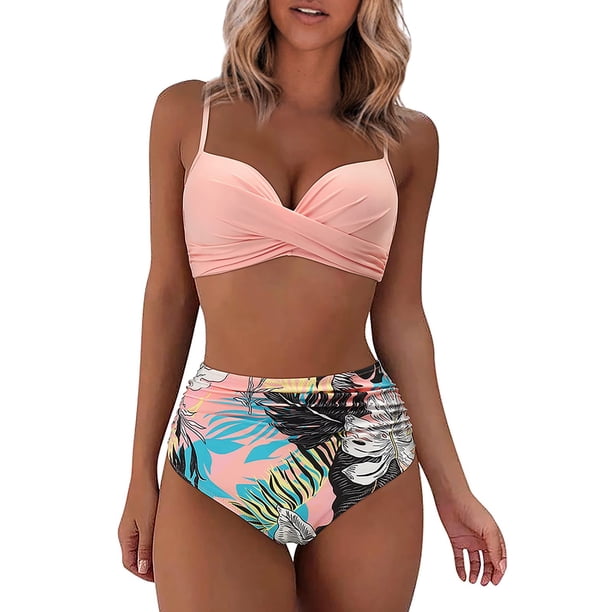 Mejor Belleza Mujer Traje de Baño de Moda Aumentar el tamaño 2 Piezas Tankini Tops de Bikini y Partes de Abajo Rosa XL