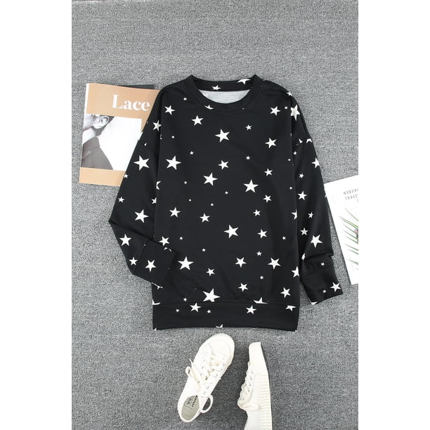 ABPHQTO Top negro de manga larga con estampado de estrellas y cuello redondo Give A Little Love para mujer