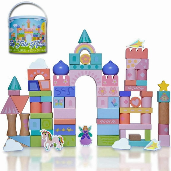 Fairytale Kingdom Wooden Building Blocks Set, 80-Piece Pastel Castle & Unicorn Building Toy for Kids Ages 3–8