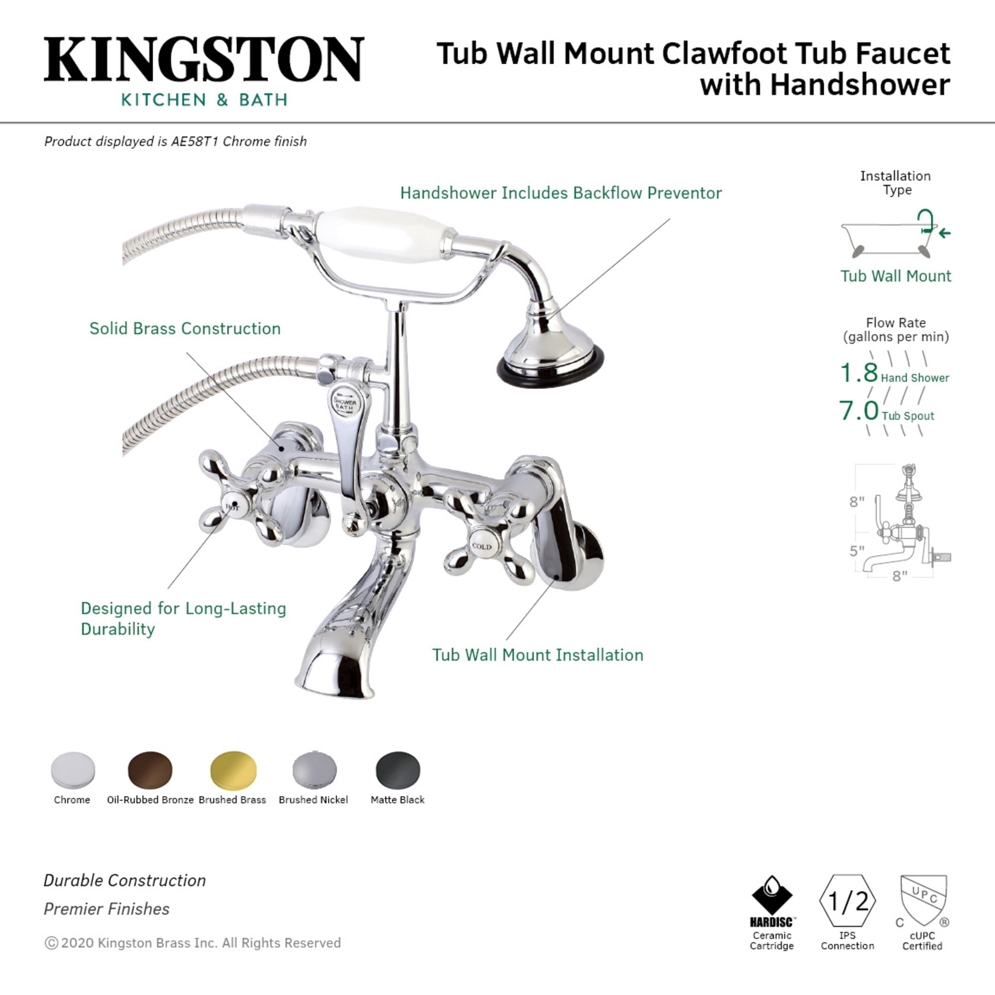 Kingston Brass AE57T0 Aqua Vintage Wall Mount Tub Faucet with Hand Shower, Matte Black